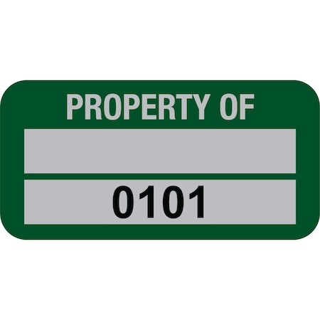 Lustre-Cal Property ID Label PROPERTY OF 5 Alum Green 1.50in x 0.75in 1 Blank Pad&Serialized 0101-0200,100PK 253769Ma2G0101